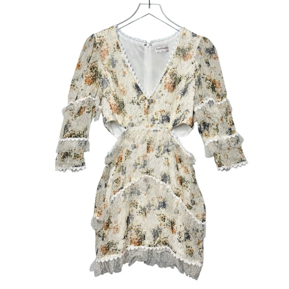 Seven Wonders Floral Ruffle Layered Women’s Cutout Long Sleeve Dress Sz L - Picture 2 of 13